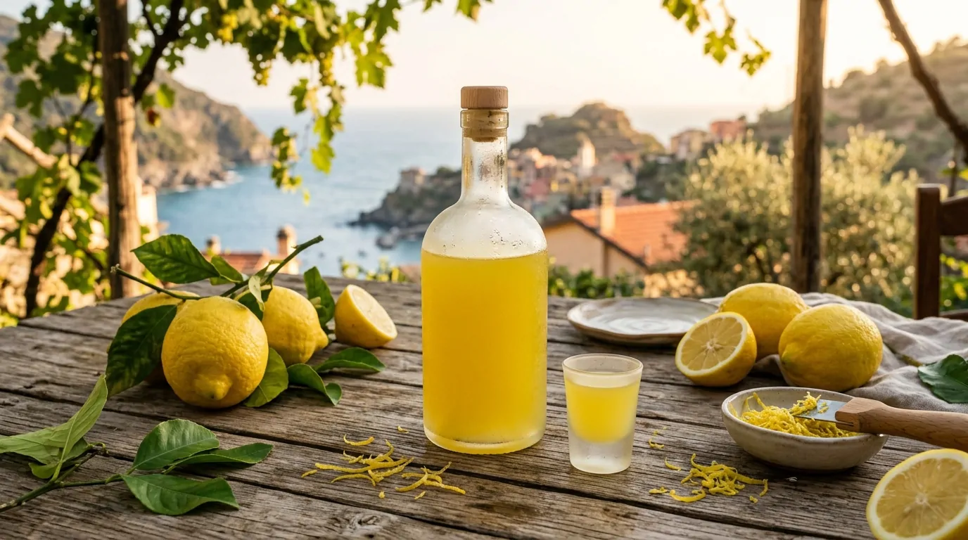 A bottle of bright yellow limoncello on a wooden table surrounded by fresh lemons