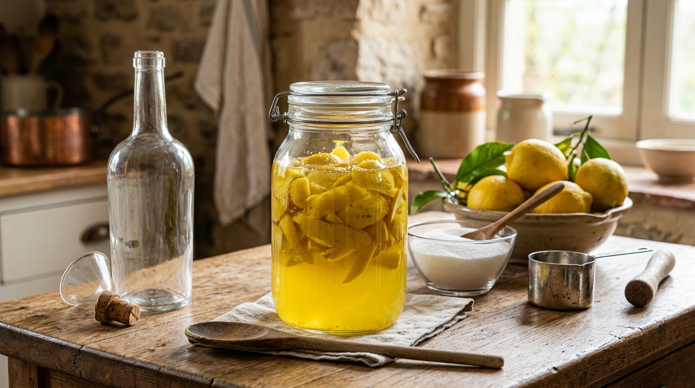 Glass jar of homemade limoncello with lemon zest and vintage bottle on a wooden worktop