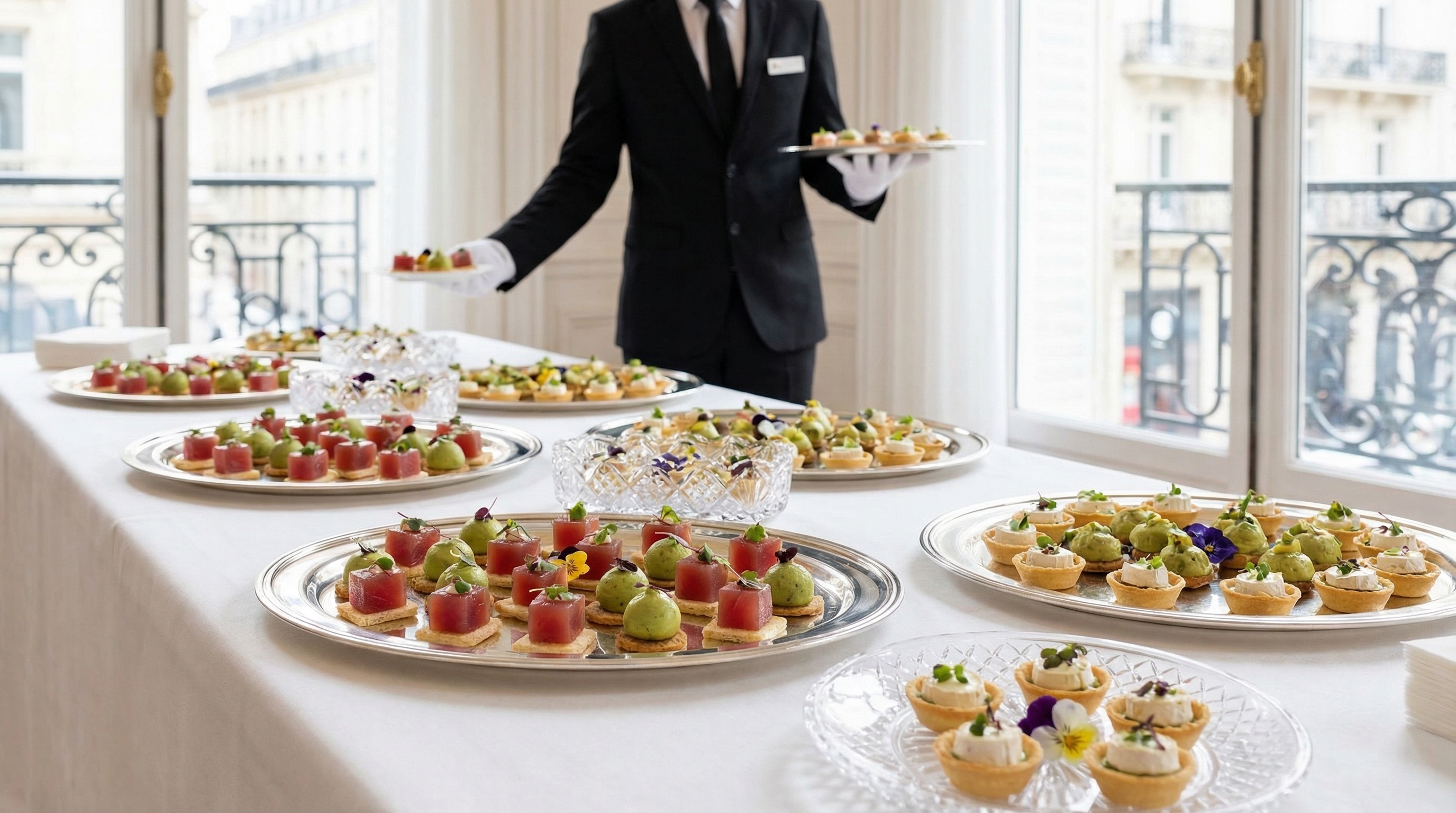 Preparación de un elegante bufé por un servicio de catering parisino profesional.