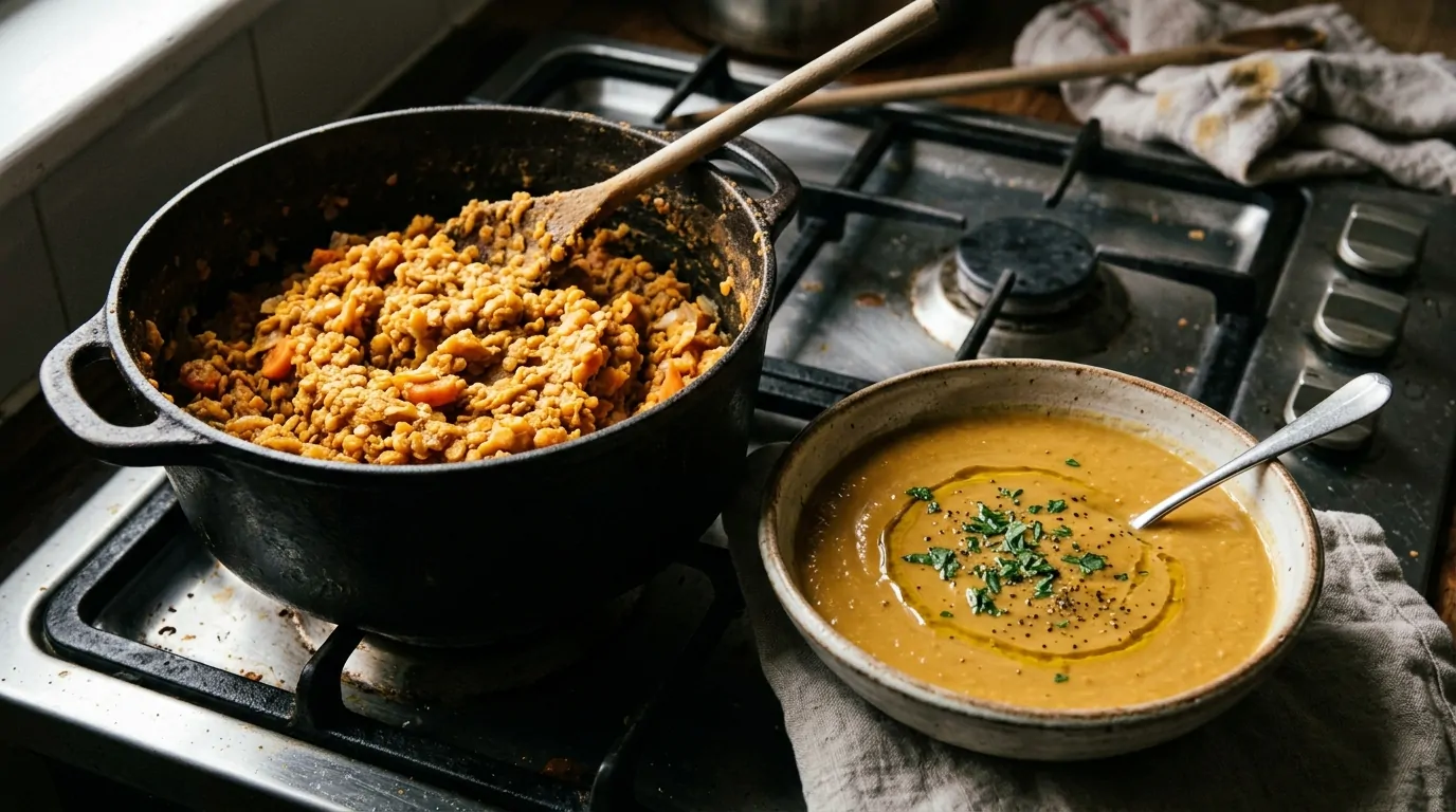 Lentejas anaranjadas demasiado cocidas y blandas en una cacerola en comparación con una sopa perfectamente suave