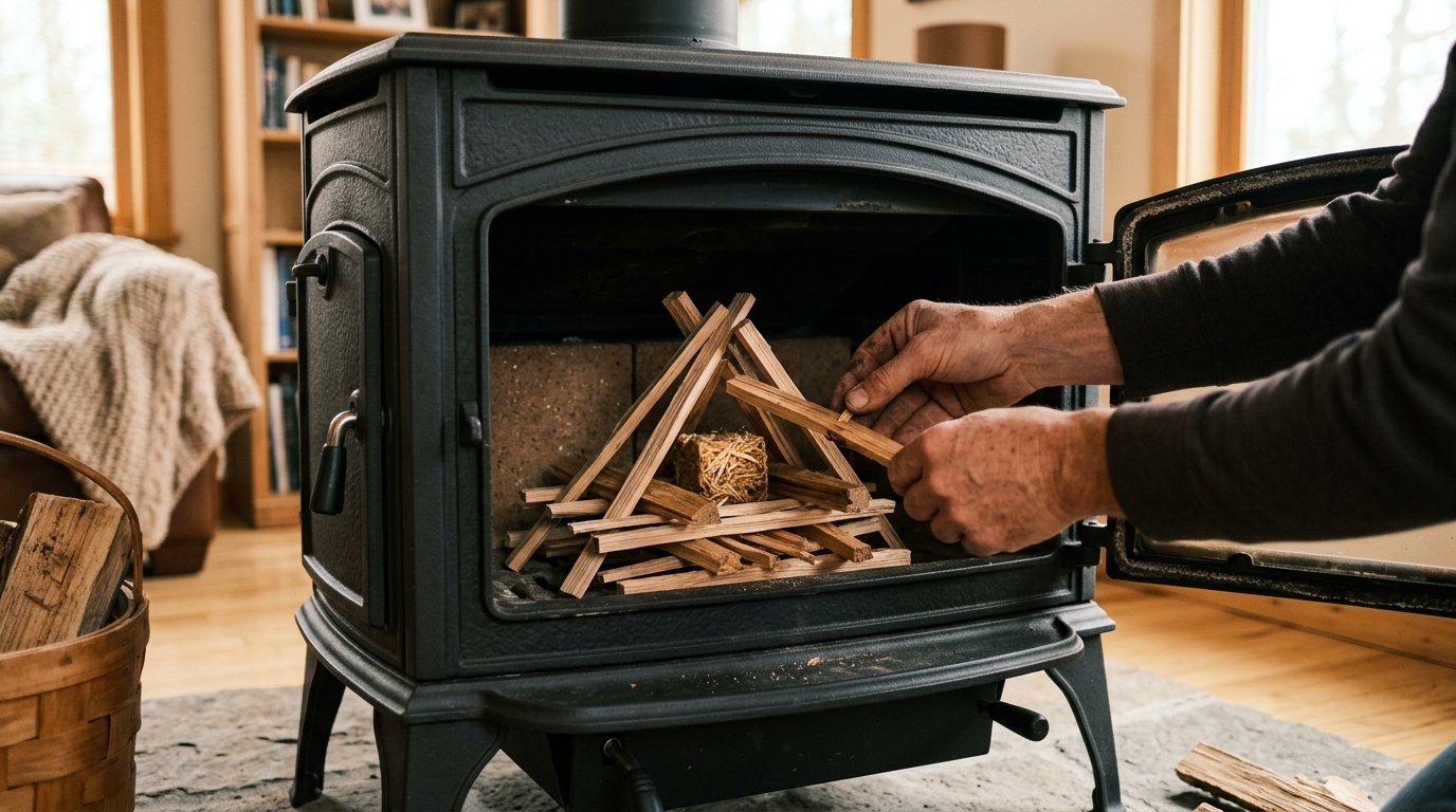 Manos colocando leña y un encendedor en una estufa de hierro fundido