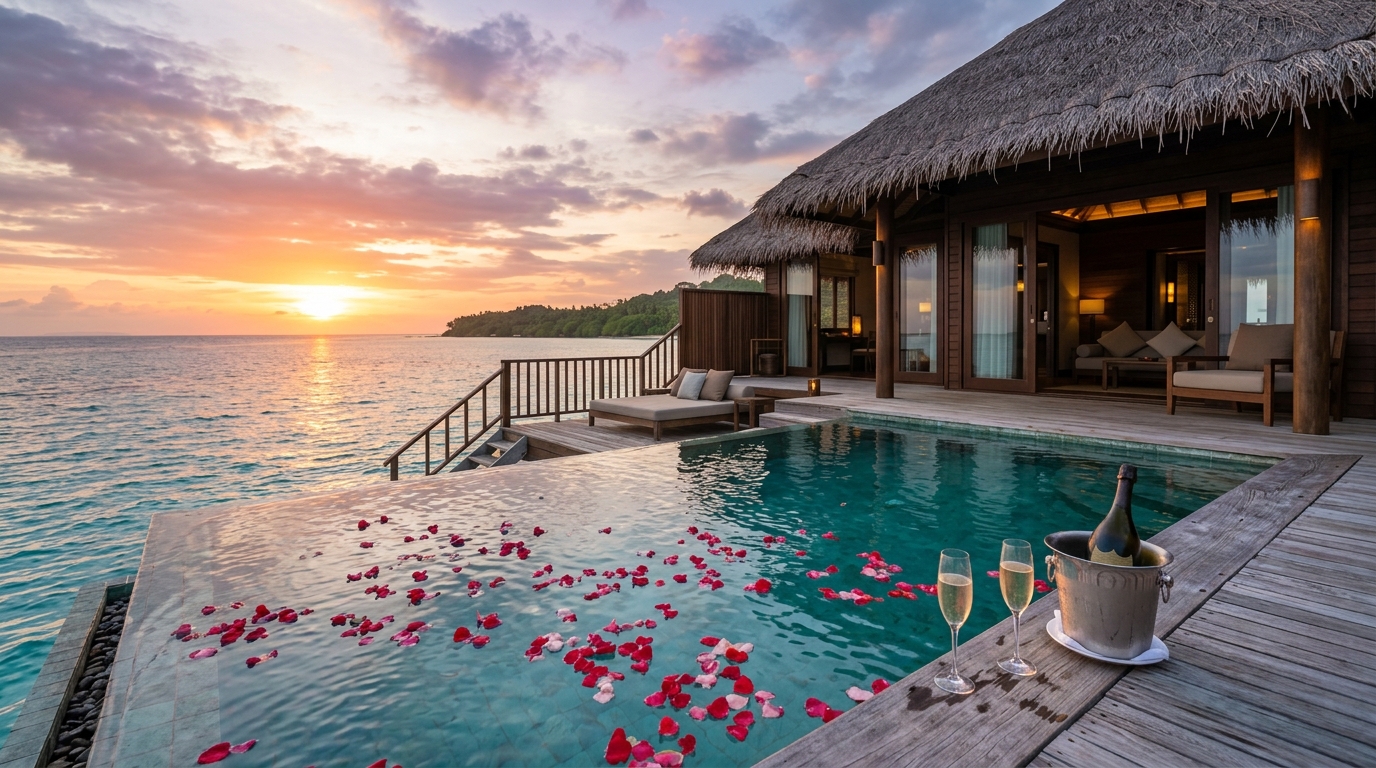 Villa auf Stelzen in Bali mit privatem Infinity-Pool und Sonnenuntergang über dem Meer