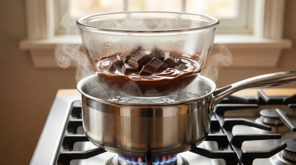 Faire fondre le chocolat délicatement au bain-marie avec de la vapeur. Faire fondre le chocolat délicatement au bain-marie avec de la vapeur.