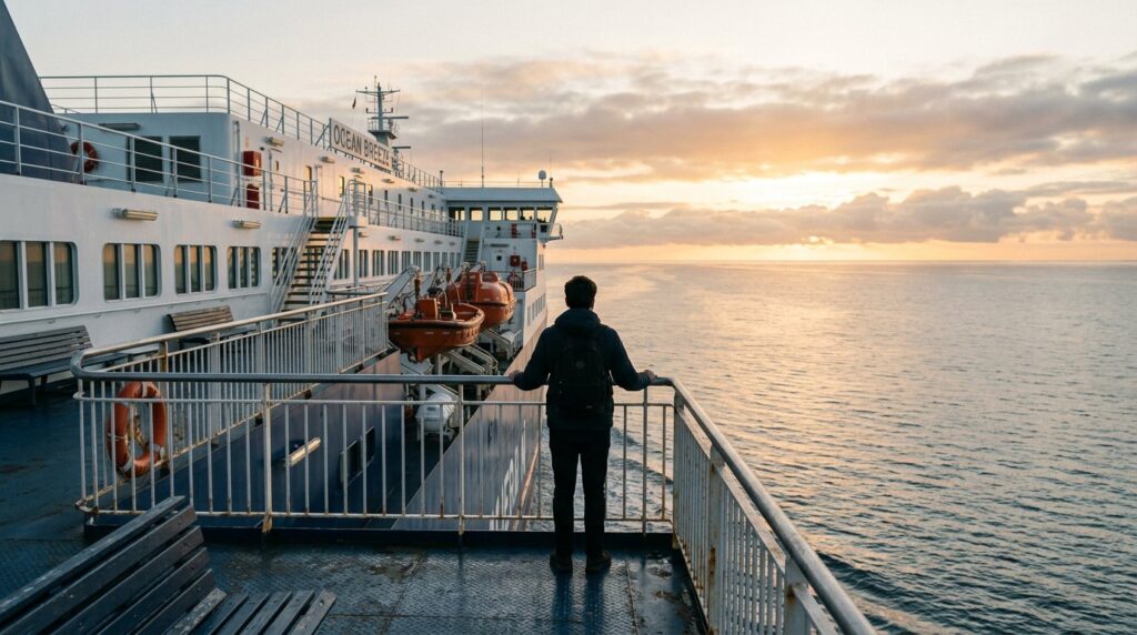 El ferry navega tranquilamente sobre el mar en calma