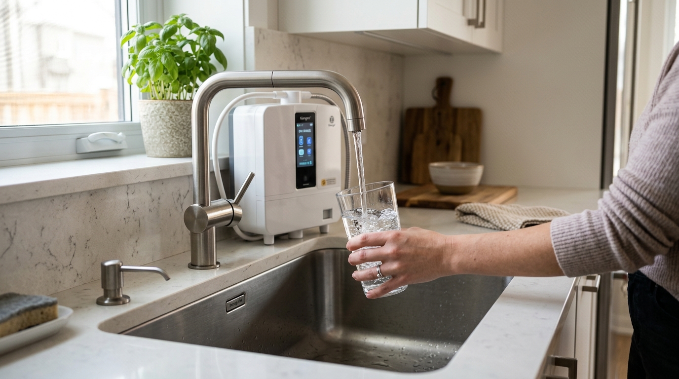 Fregadero de cocina moderno con ionizador de agua y vaso lleno