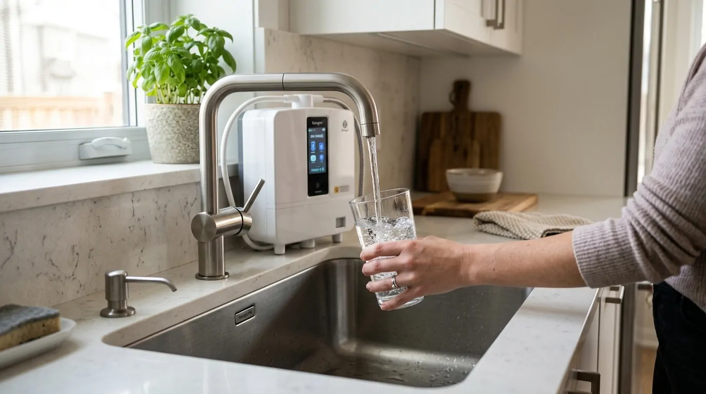 Évier de cuisine moderne avec ioniseur d’eau et verre rempli Évier de cuisine moderne avec ioniseur d’eau et verre rempli