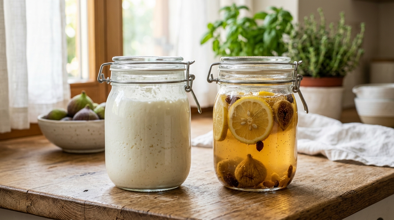 Dos frascos de vidrio uno al lado del otro, uno con kéfir de leche cremoso y blanco, y el otro con kéfir de limón dorado