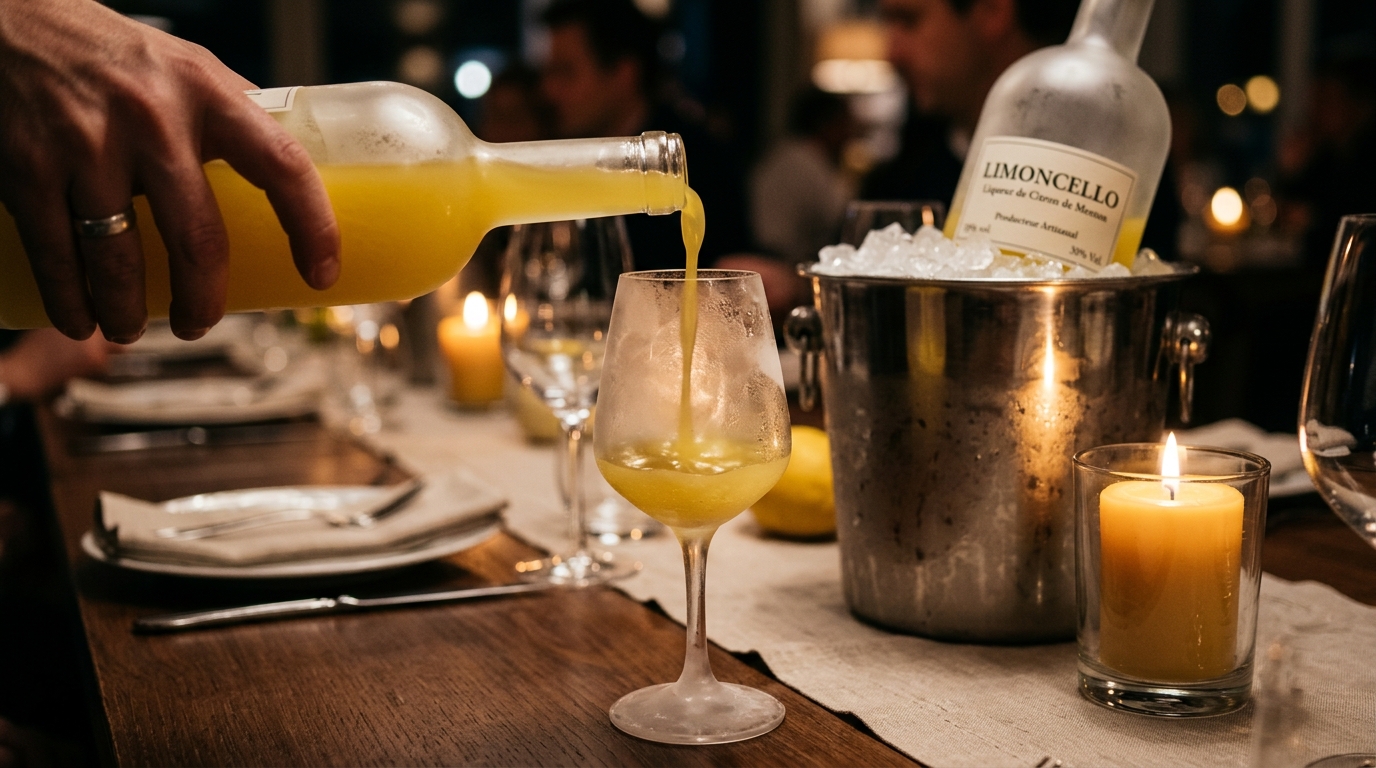 A glass of frosted limoncello poured at the table, with the bottle on ice and candles