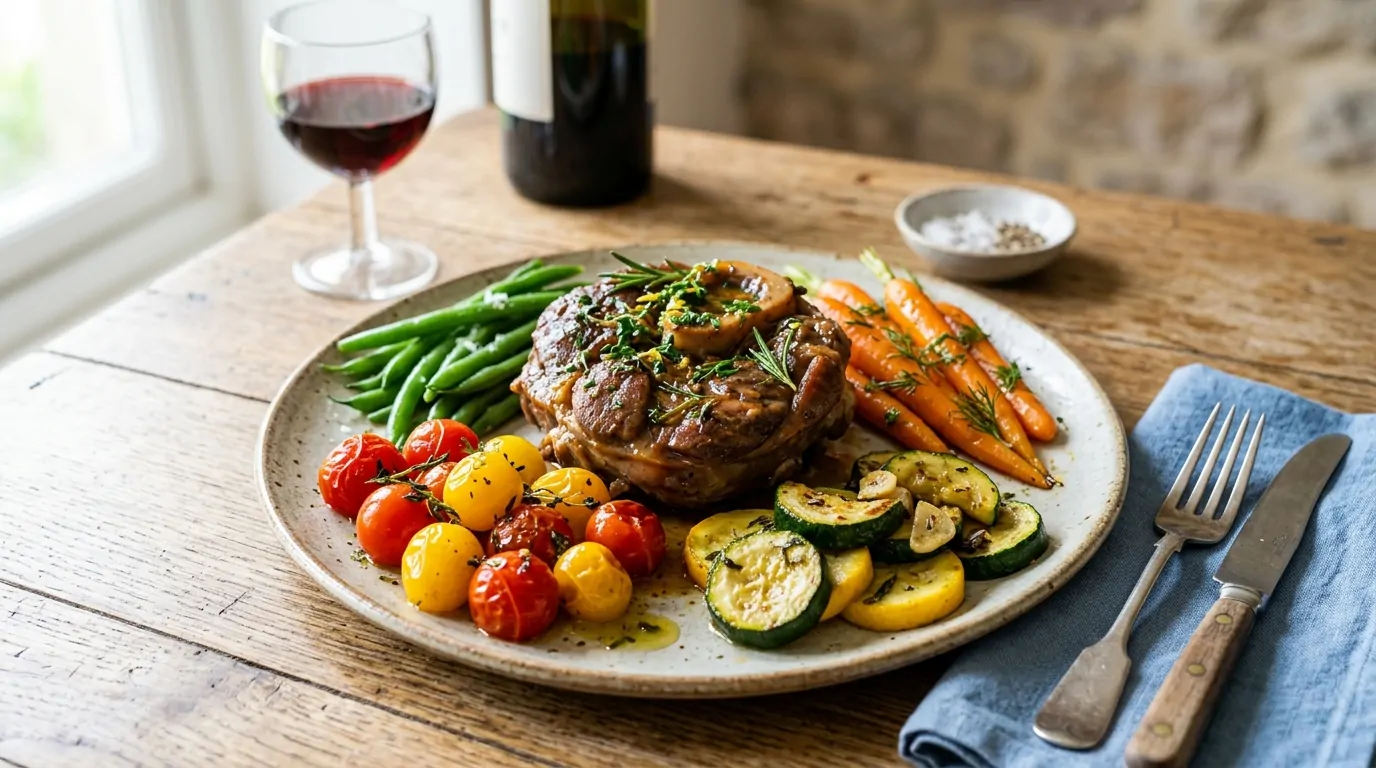 Un colorido plato de verduras asadas que rodea un osso buco de ternera estofado
