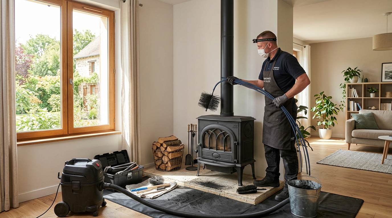 Un deshollinador profesional limpia el conducto de humos de una estufa de leña con un cepillo
