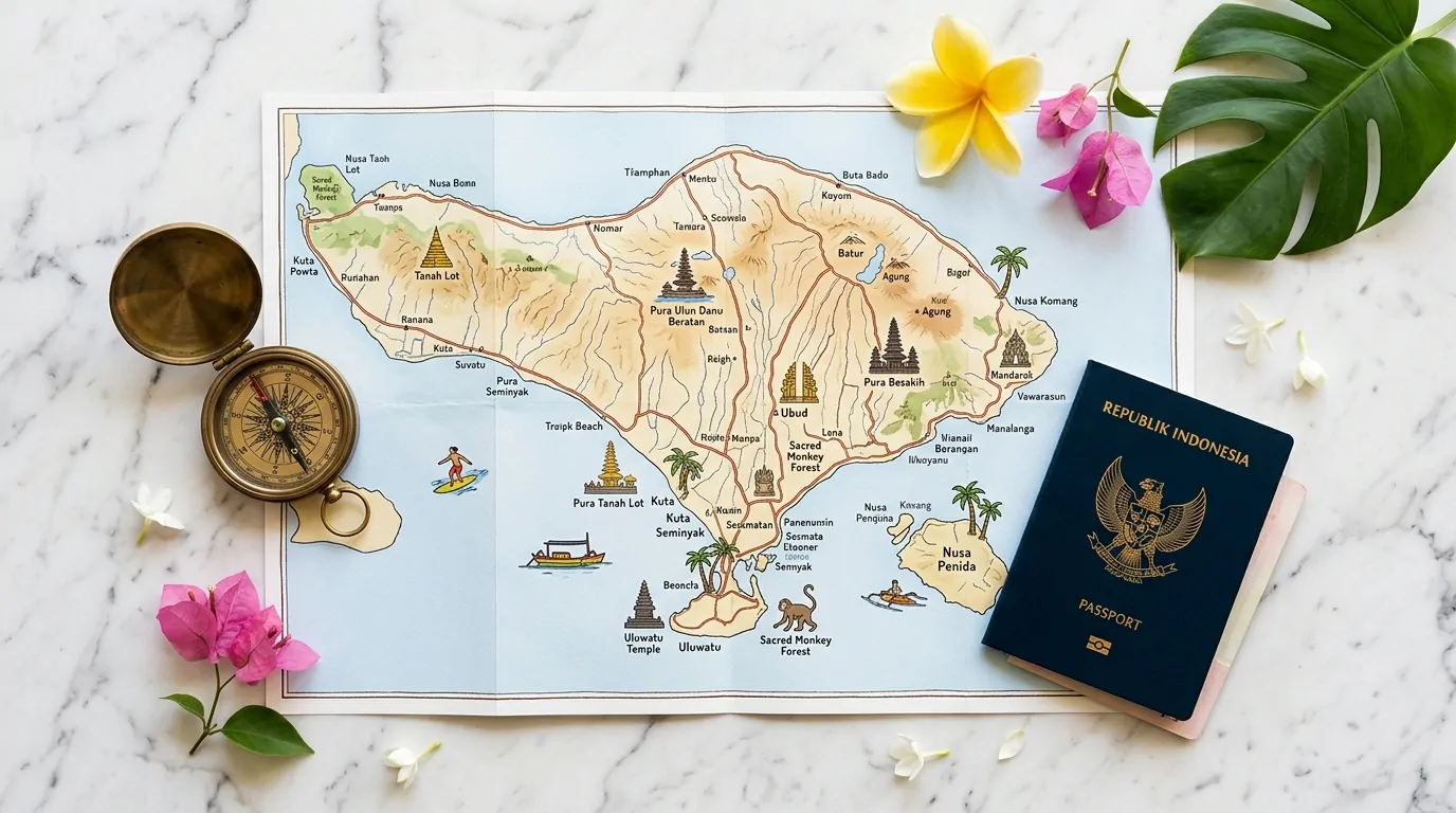 Mapa de Bali con brújula, pasaporte y flores tropicales sobre mármol blanco