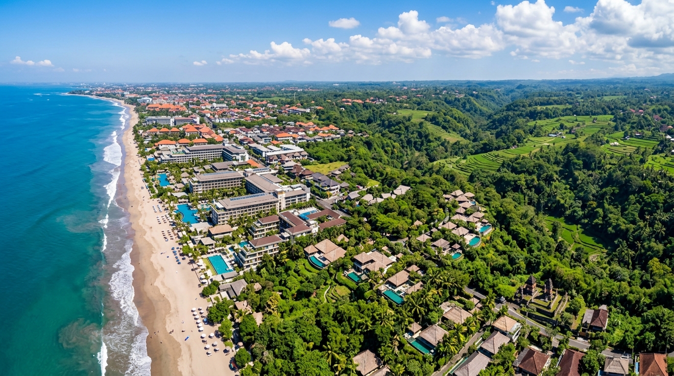 Luftaufnahme von Seminyak und Ubud auf Bali, zwischen Küste und üppigem tropischen Dschungel