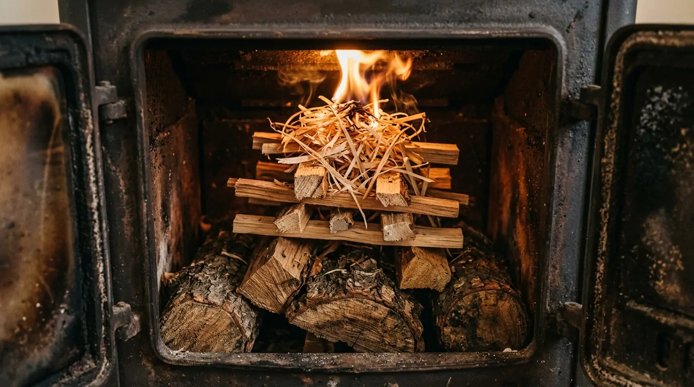 Intérieur d'un poêle à bois avec feu top-down allumé par le haut sur des copeaux fins