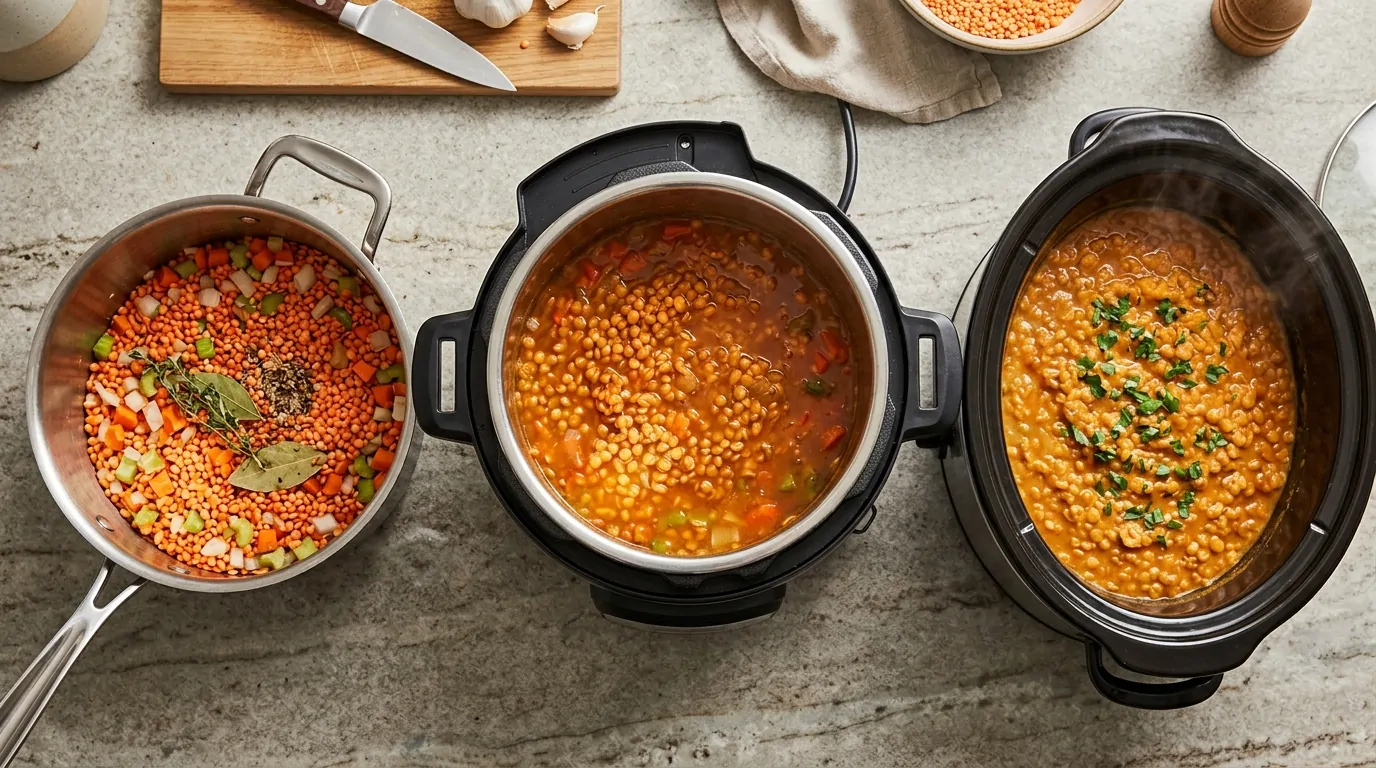 Trois récipients de cuisson côte à côte contenant des lentilles corail orangées