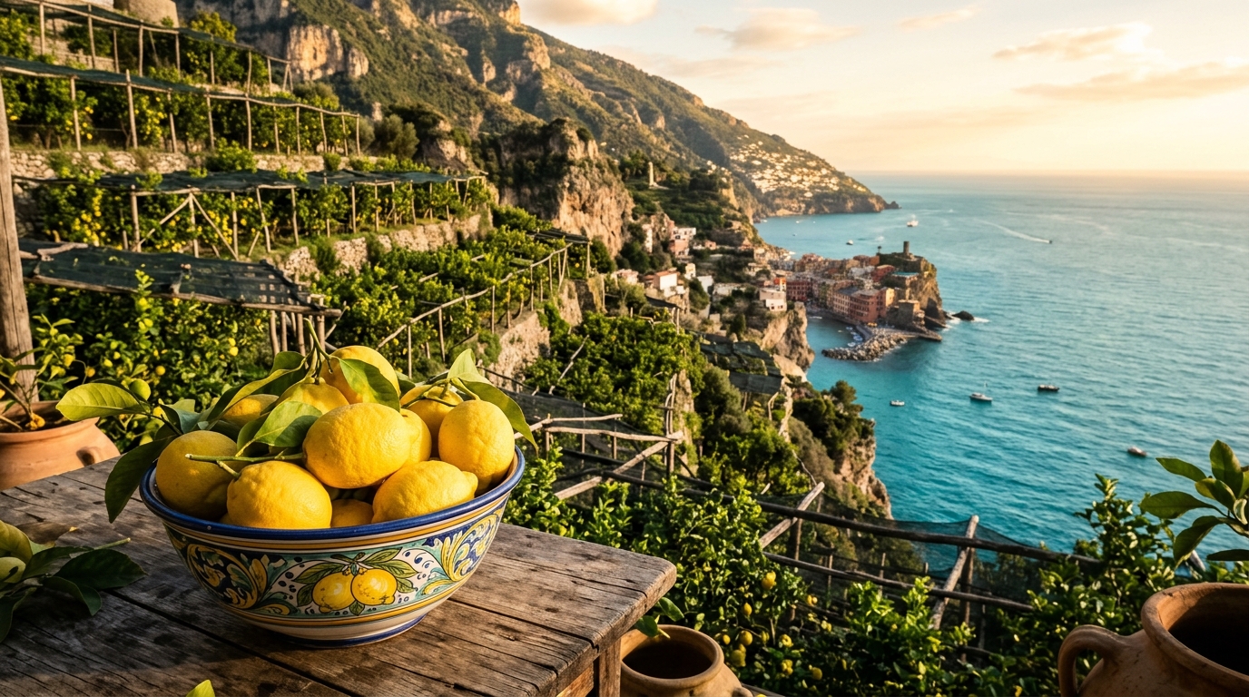 Terraced lemon trees on the Amalfi Coast with a bowl of Sorrento lemons
