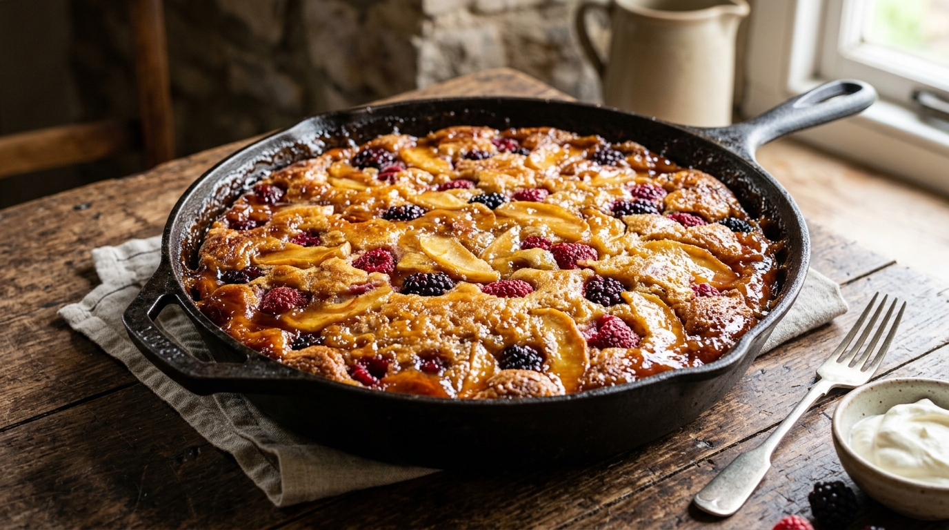 Gran bandeja llena de un postre caramelizado de fruta dorada y jarabe brillante