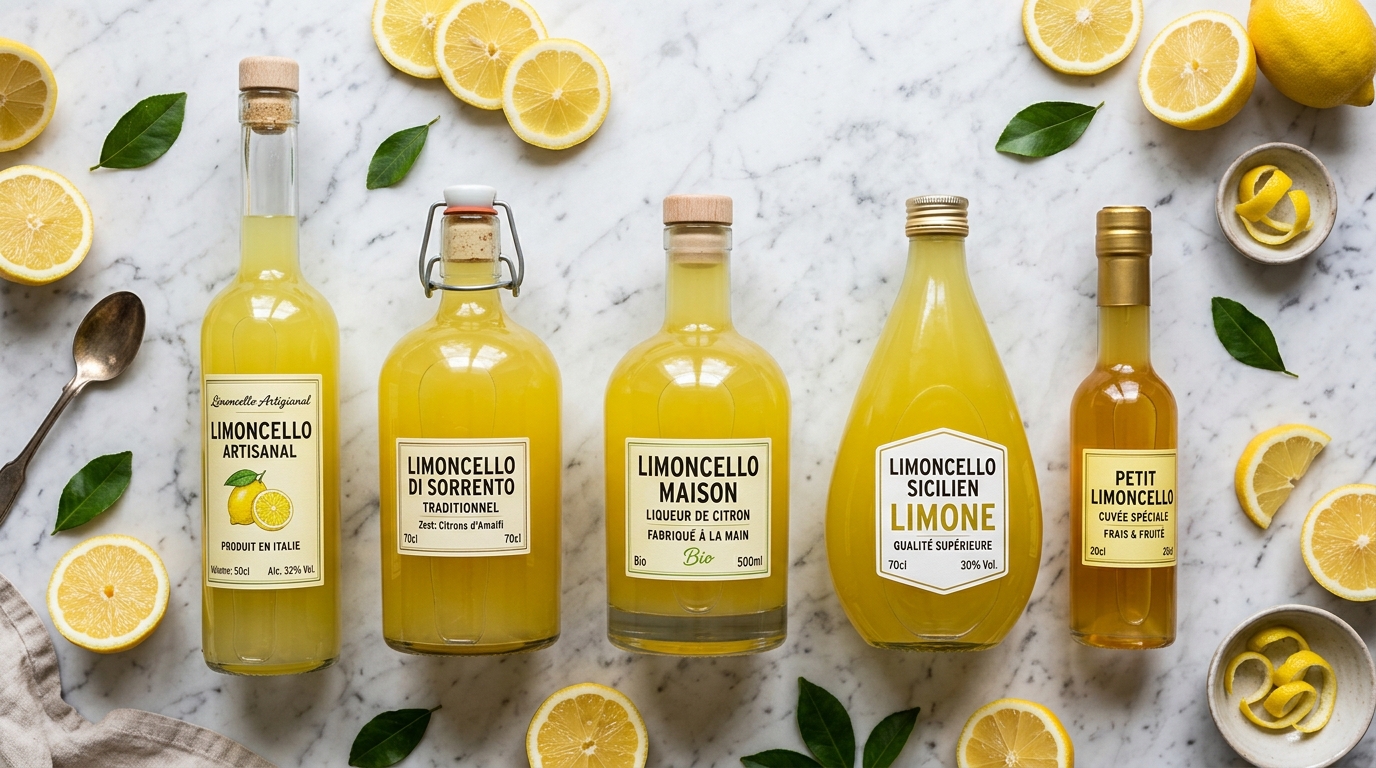 Five limoncello bottles of varying shapes on white marble with lemon slices
