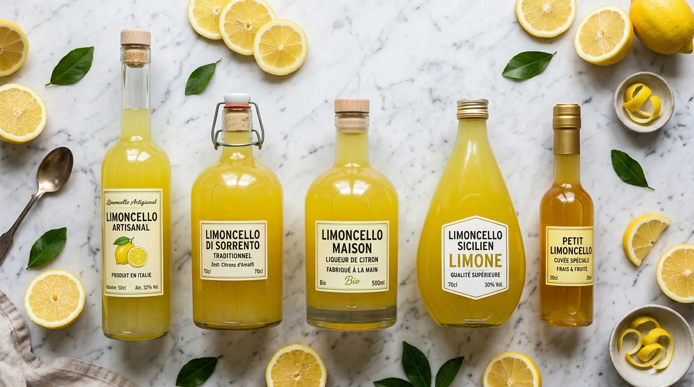 Cinco botellas de limoncello de diferentes formas sobre mármol blanco con rodajas de limón