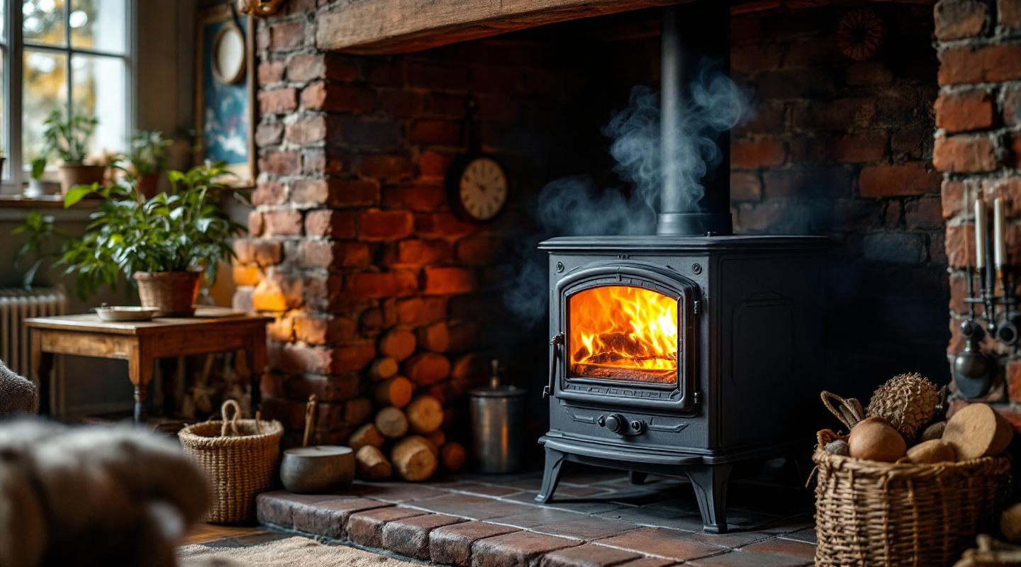 Estufa de leña de hierro fundido que emite humo negro en una sala de estar