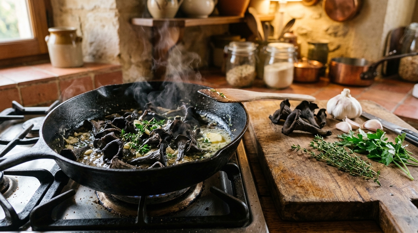 Setas trompeta negra salteadas en mantequilla y ajo en una sartén de hierro fundido