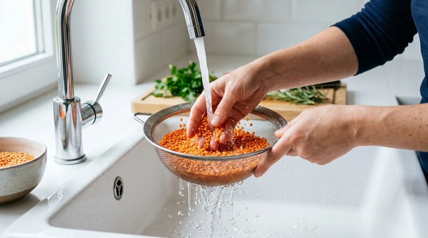 Manos enjuagando lentejas de coral naranja en un colador fino bajo el grifo