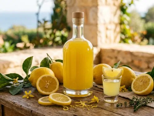 Una botella dorada de limoncello rodeada de limones frescos sobre una mesa de madera