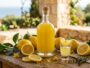 Bouteille de limoncello dorée entourée de citrons frais sur table en bois