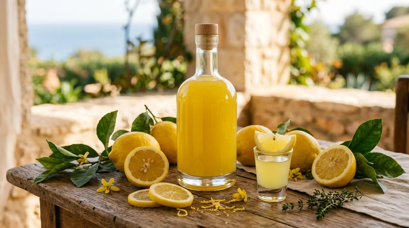 A golden bottle of limoncello surrounded by fresh lemons on a wooden table