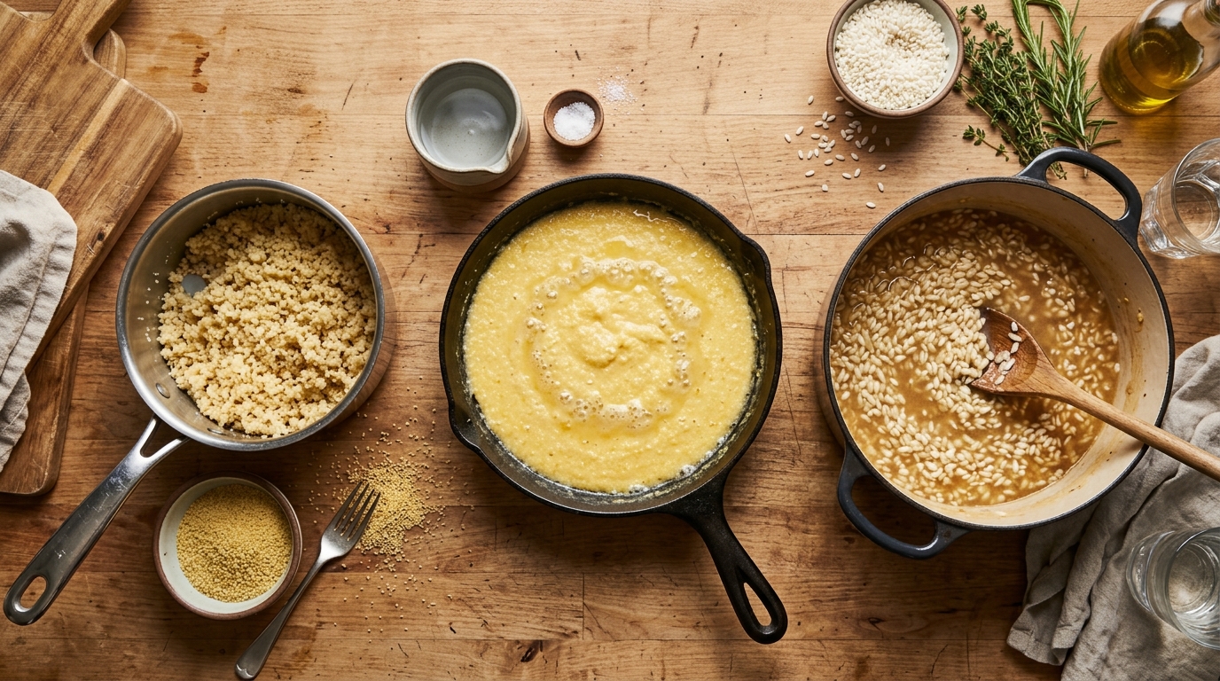 Tre contenitori affiancati con couscous, polenta cremosa e risotto in preparazione come contorno per l'osso buco di vitello