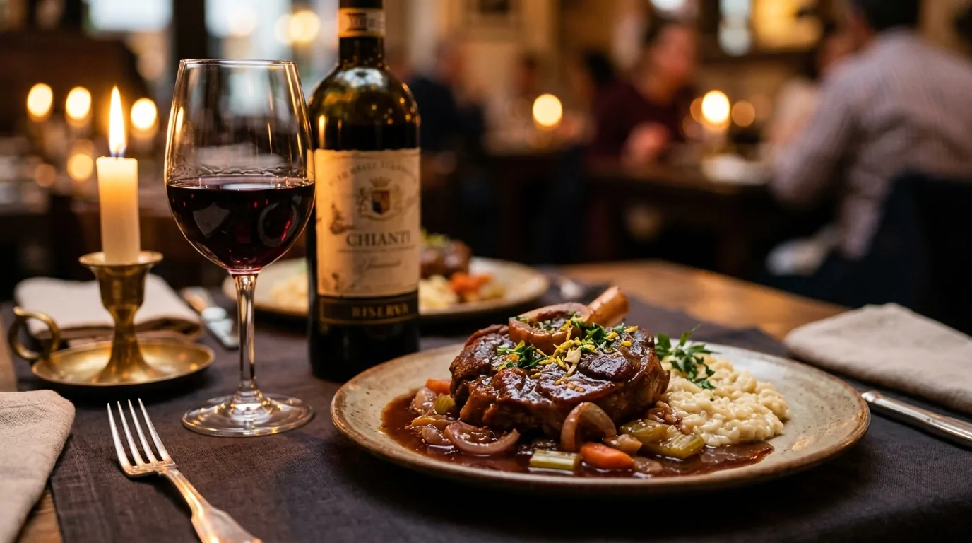 Una copa de vino tinto italiano y un plato de osso buco sobre una elegante mesa iluminada con velas