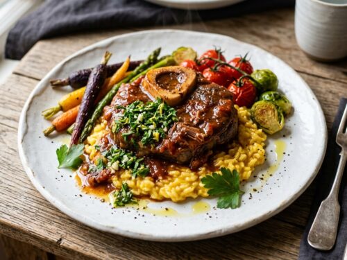 Osso buco estofado servido con risotto de azafrán y verduras asadas en un plato blanco