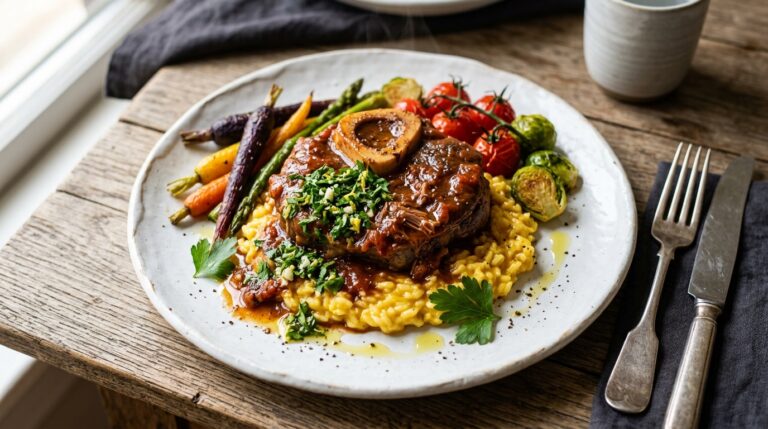 Osso buco brasato servito con risotto allo zafferano e verdure arrosto su un piatto bianco