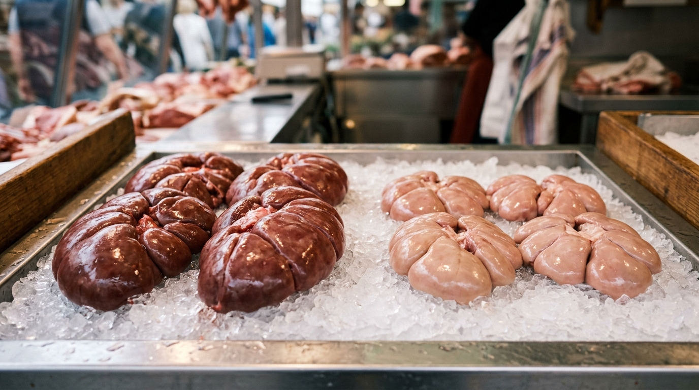 Riñones de ternera y res crudos sobre hielo picado
