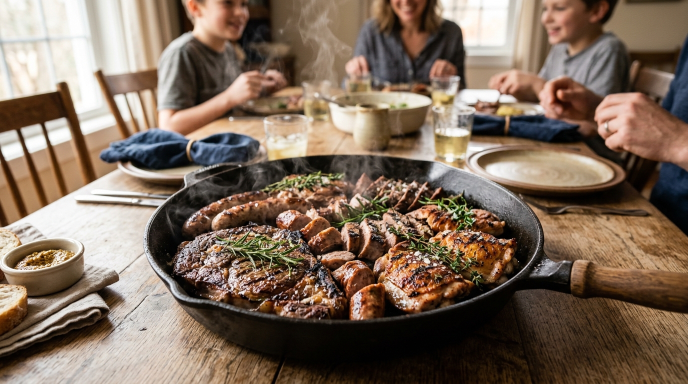 Una gran sartén de hierro fundido llena de carnes a la parrilla humeantes sobre una mesa de madera