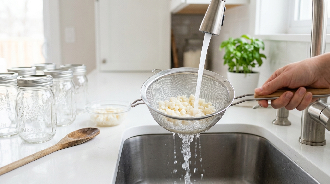 Granos de kéfir enjuagados en agua en un colador fino sobre un fregadero