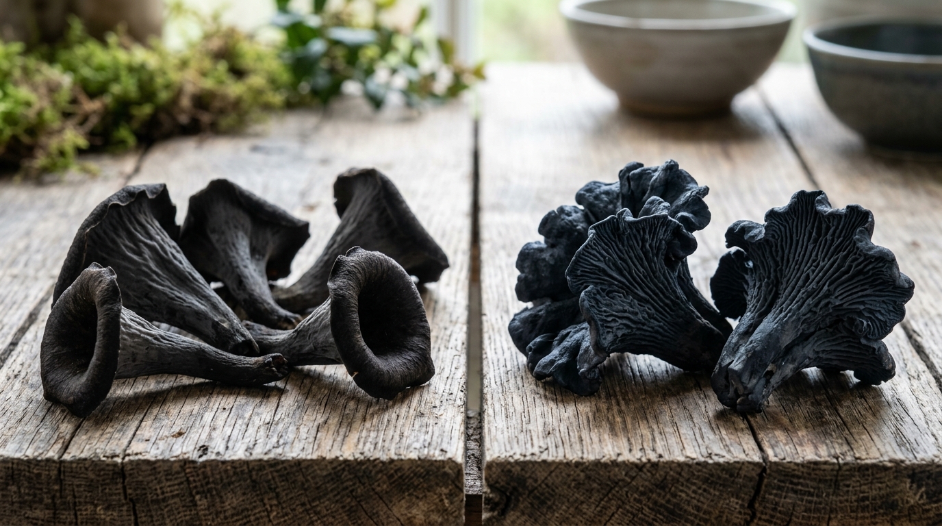 Comparación lado a lado de setas trompeta negra y hongos similares sobre una mesa de madera