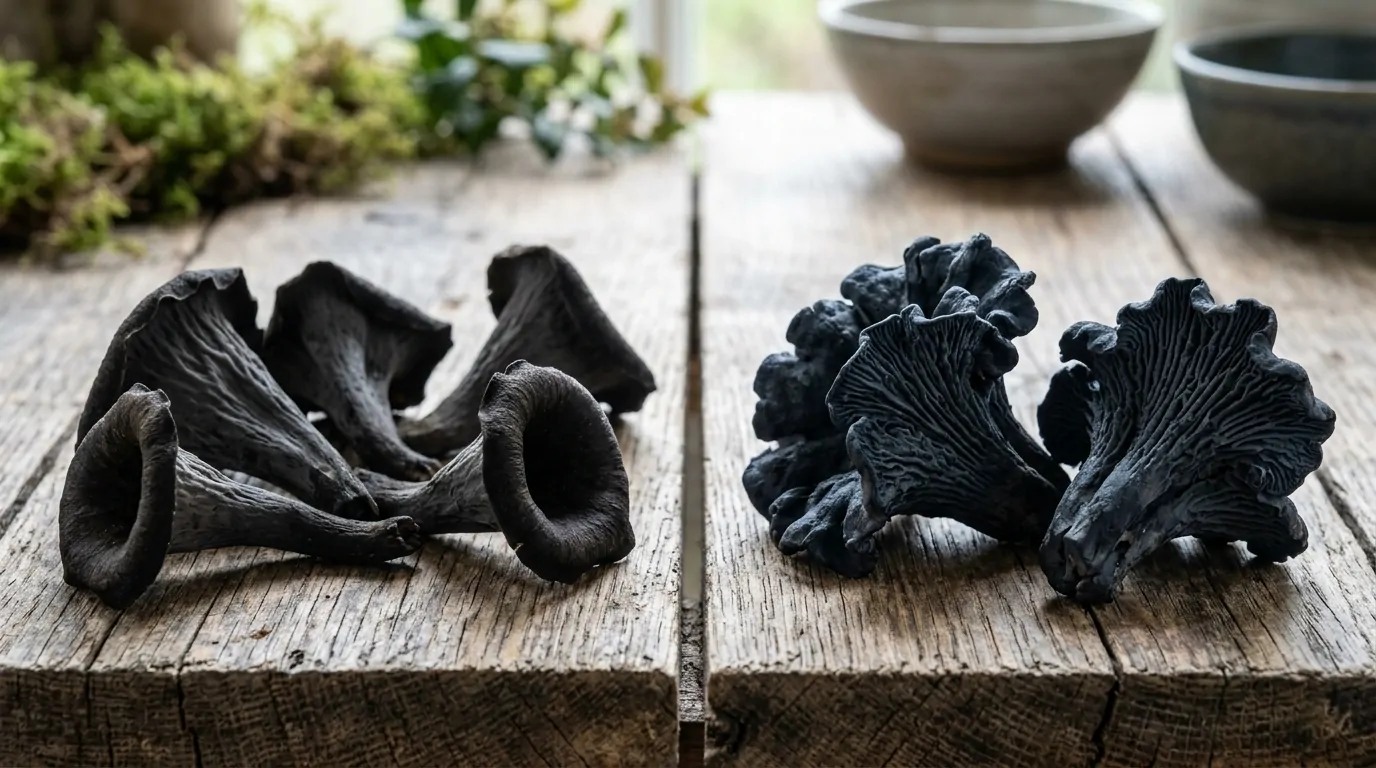 Side-by-side comparison of black trumpet mushrooms and similar fungi on a wooden table Side-by-side comparison of black trumpet mushrooms and similar fungi on a wooden table