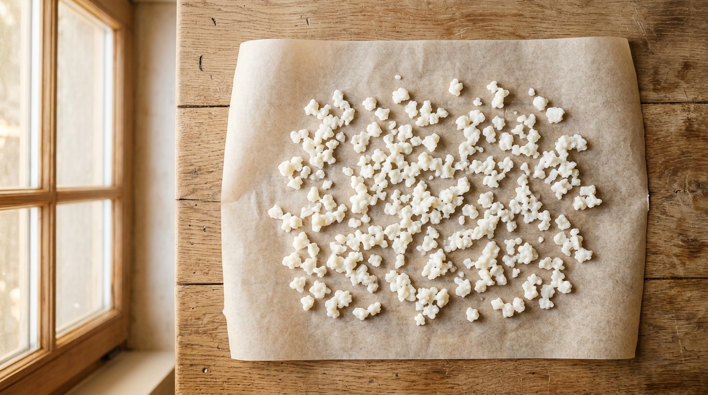Granos de kéfir blanco extendidos sobre papel pergamino para secarse naturalmente