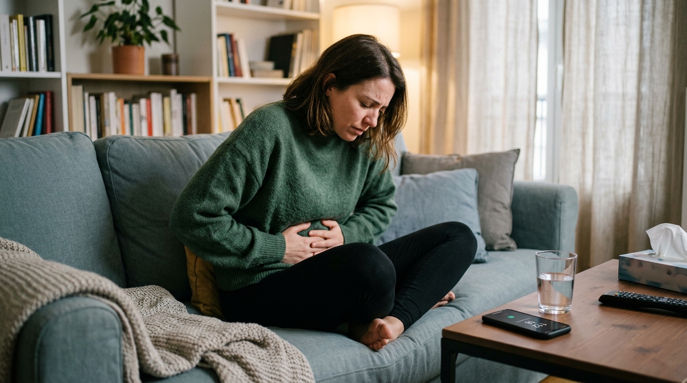 Una persona que había ingerido setas venenosas estaba sentada en un sofá, agarrándose el estómago, con un vaso de agua y un teléfono de emergencia cerca
