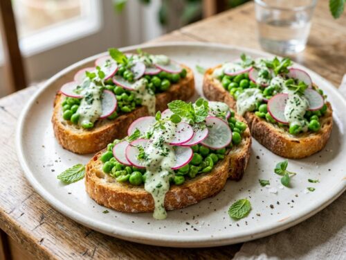 Crostini di piselli con ravanelli