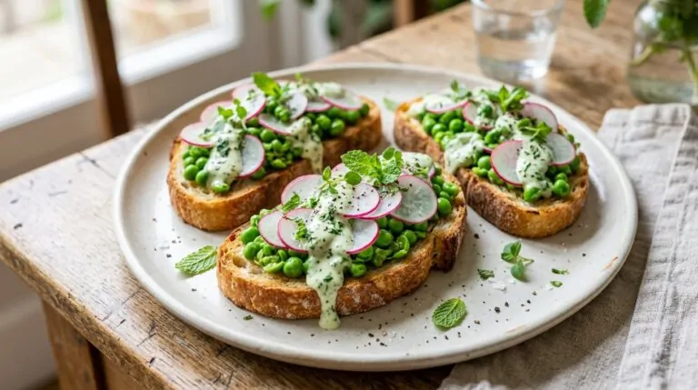Tostadas de guisantes con rábanos