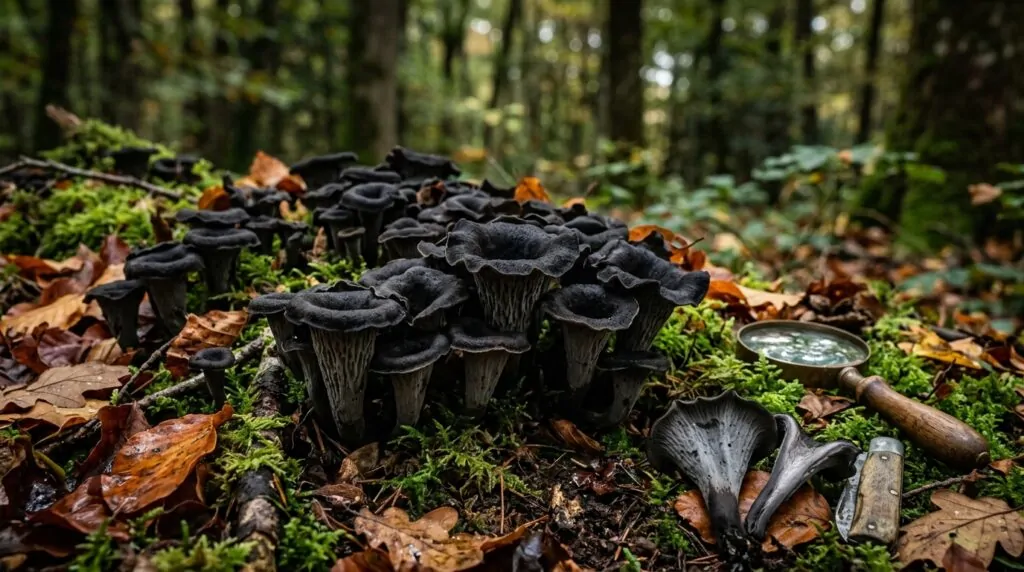 Are black trumpet mushrooms dangerous? Black funnel-shaped black trumpets on mossy forest floor