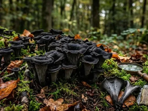 Black funnel-shaped black trumpets on mossy forest floor