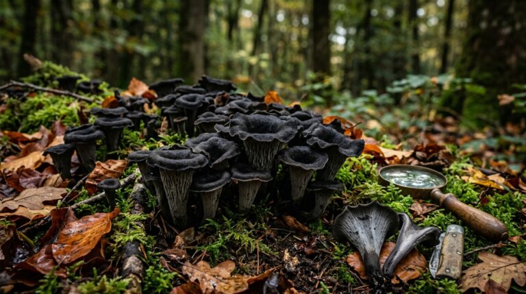 Trompetas negras en forma de embudo sobre el suelo musgoso del bosque