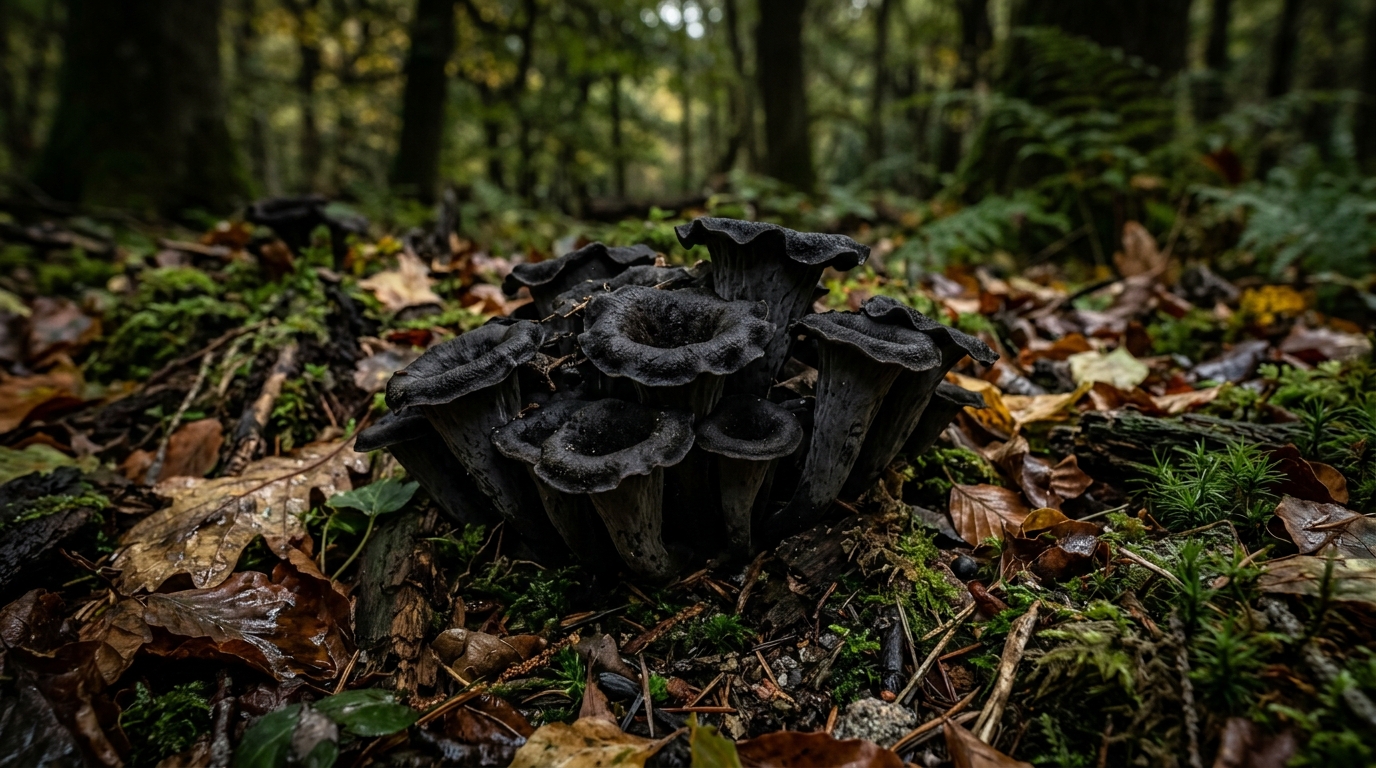 Varias setas trompeta negra creciendo en el suelo musgoso del bosque