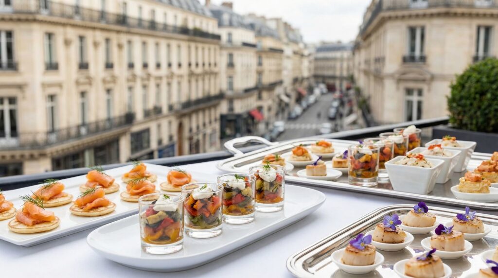 Un servicio de catering en París prepara un suntuoso bufé para un evento.