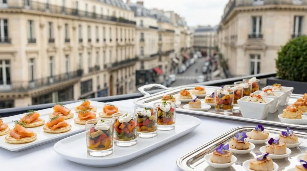 Un servicio de catering en París prepara un suntuoso bufé para un evento. Un servicio de catering en París prepara un suntuoso bufé para un evento.