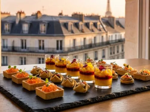 Una empresa de catering de París está organizando un elegante bufé para un evento.
