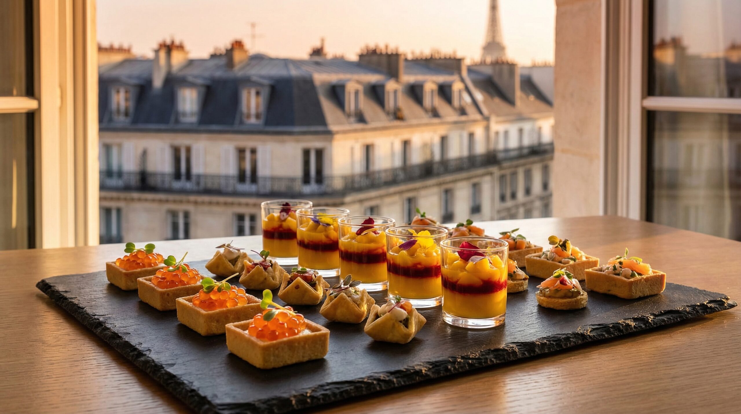 Un traiteur à Paris organise un élégant buffet d'événement.