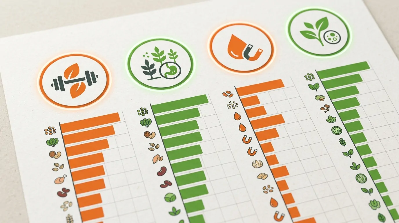 Infografía de los valores nutricionales de las lentejas rojas: proteínas, fibra, hierro, folato